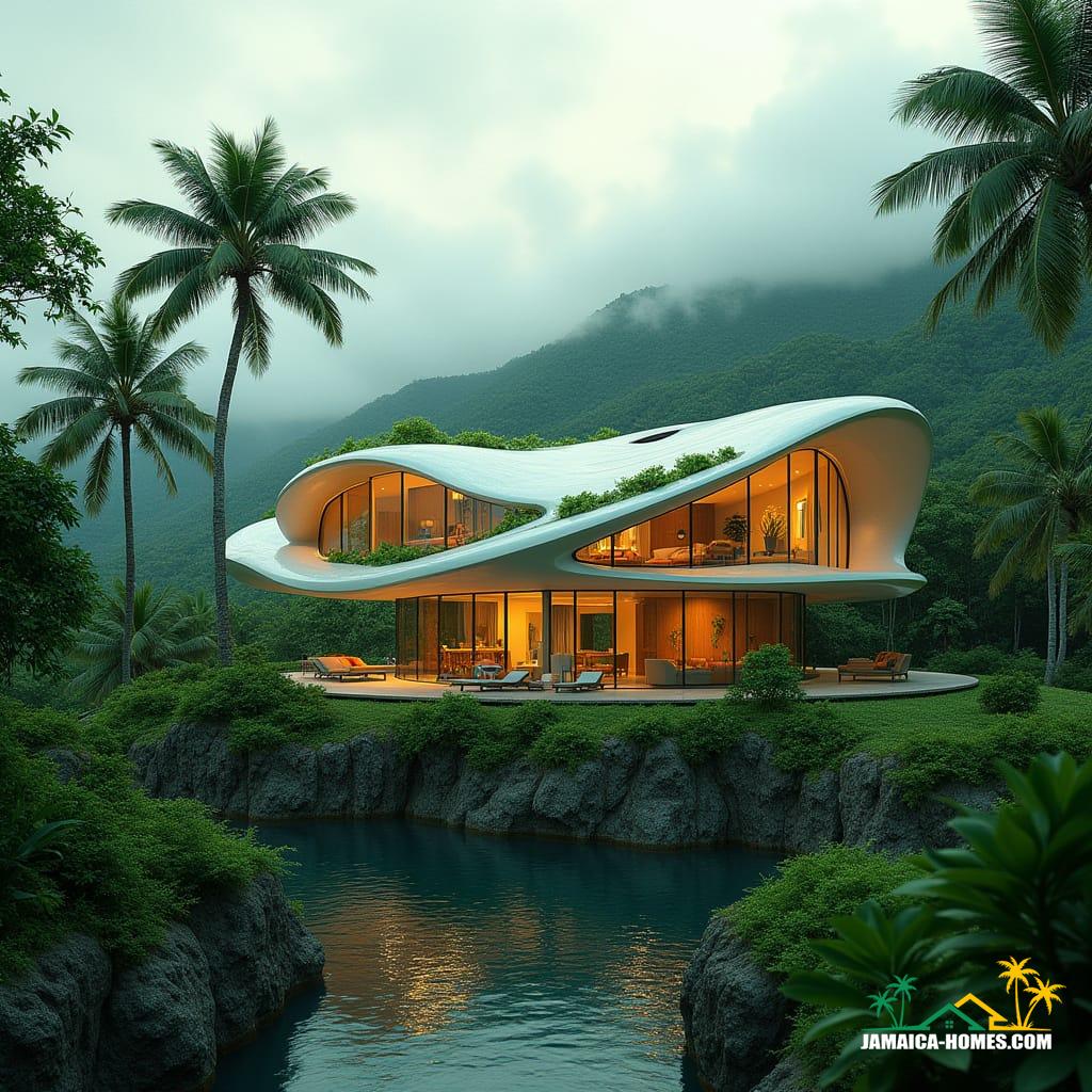 Futuristic Jamaican eco-villa nestled in a lush tropical landscape, AI-driven sustainable design, organic shape