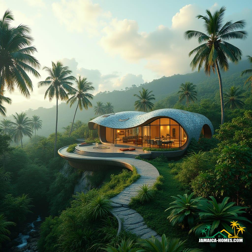 Futuristic Jamaican eco-villa nestled in a lush tropical landscape, AI-driven sustainable design, organic shape