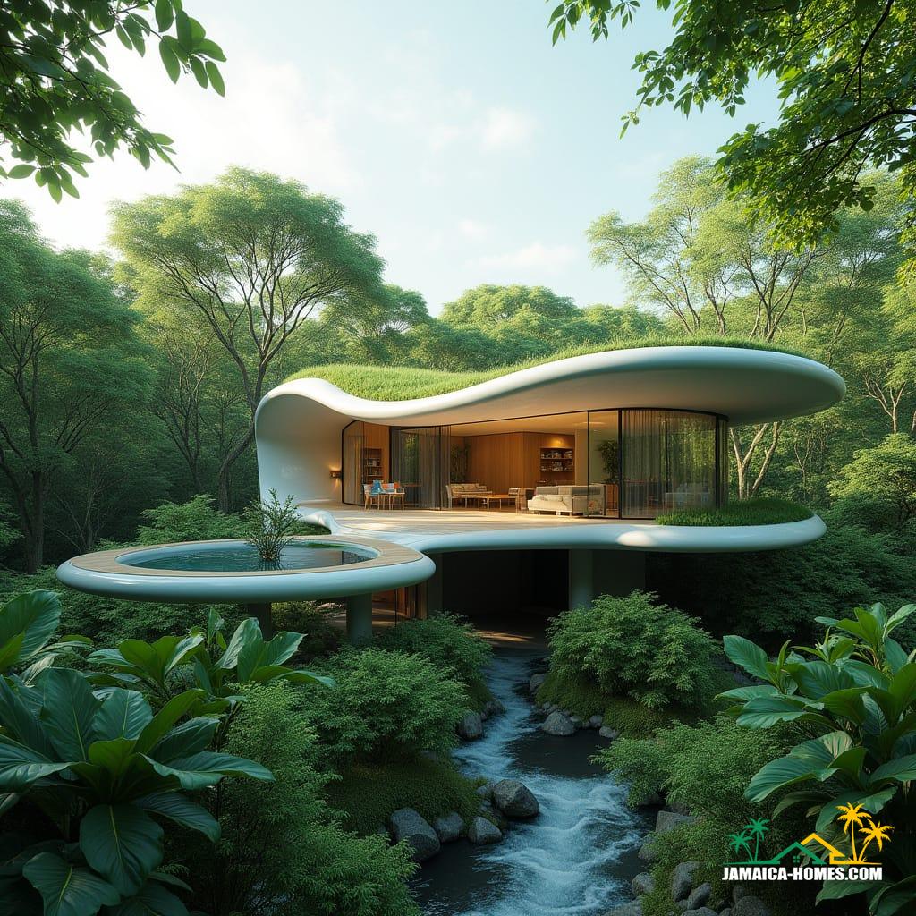 Futuristic Jamaican eco-villa nestled in a lush tropical landscape, AI-driven sustainable design, organic shape