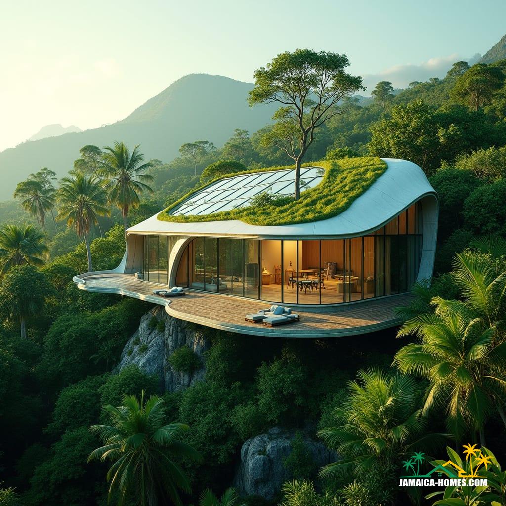 Futuristic Jamaican eco-villa nestled in a lush tropical landscape, AI-driven sustainable design, organic shape, 3D-printed local materials, translucent solar glass panels, green roofing, energy efficiency, environmental harmony. Cinematic film still, shot on v-raptor XL, film grain, vignette, color graded, post-processed, cinematic lighting, 35mm film, live-action, best quality, atmospheric, masterpiece, epic, stunning, dramatic.
