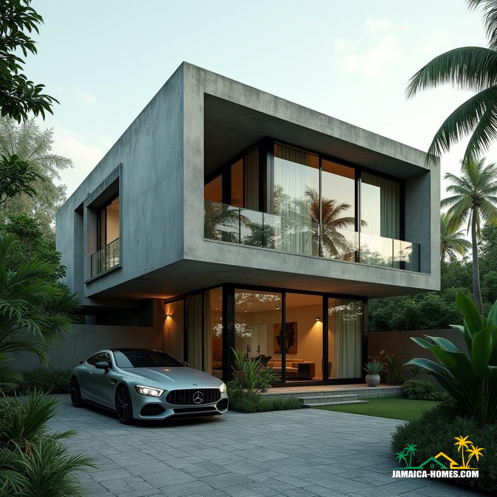 A sleek, modern 3-bed home in Kingston, Jamaica, with a square shape and protruding concrete windows featuring glass set back, surrounded by lush tropical vegetation, a luxurious car parked outside, shot in a cinematic film style with a V-Raptor XL camera, characterized by film grain, vignette, and color grading, with 35mm film texture, cinematic lighting, and atmospheric effects, reminiscent of the works of architects like Rick Joy and designers like Es Devlin, with a bold, dramatic aesthetic, à la the cinematography of Emmanuel Lubezki.
