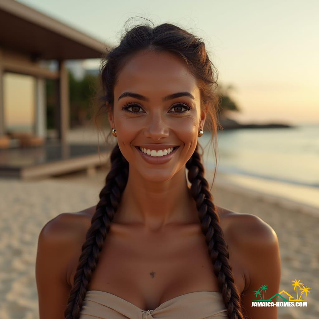 A woman with a deep brown complexion and warm undertones, oval-shaped face with high cheekbones and a soft jawline, stands on a sandy beach before a sleek, modern beachfront home with large glass walls. She has thick, dark, gently curved eyebrows framing almond-shaped, deep brown eyes. Her expression is warm and friendly with a natural smile revealing bright white teeth. Her nose is medium with a softly rounded tip, lips are full and proportionate. Small ears with subtle stud earrings. Her hair is styled in two long, thick braids, parted down the middle and draped over her shoulders. Her smooth skin is sun-kissed, with a small scar-like mark on her upper chest left of center. She wears an elegant, fitted strapless formal gown in a neutral shade. The setting sun casts a warm glow, illuminating the calm sea backdrop. Cinematic film still, shot on v-raptor XL, film grain, vignette, color graded, post-processed, cinematic lighting, 35mm film, live-action, best quality, atmospheric, a masterpiece, epic, stunning, dramatic.