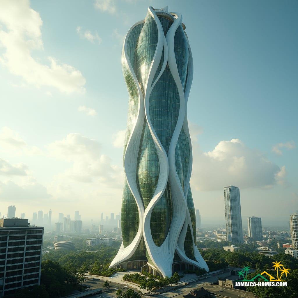 A futuristic skyscraper in downtown Kingston, Jamaica, circa 2040, featuring a sleek, organic design with flowing curves and dynamic facades from advanced, locally sourced materials. The exterior incorporates photovoltaic glass panels and green walls, promoting energy efficiency. Elevated foundations and storm-resistant materials ensure resilience. Cinematic film still, shot on v-raptor XL, film grain, vignette, color graded, post-processed, cinematic lighting, 35mm film, live-action, best quality, atmospheric, a masterpiece, epic, stunning, dramatic lighting, vibrant colors.