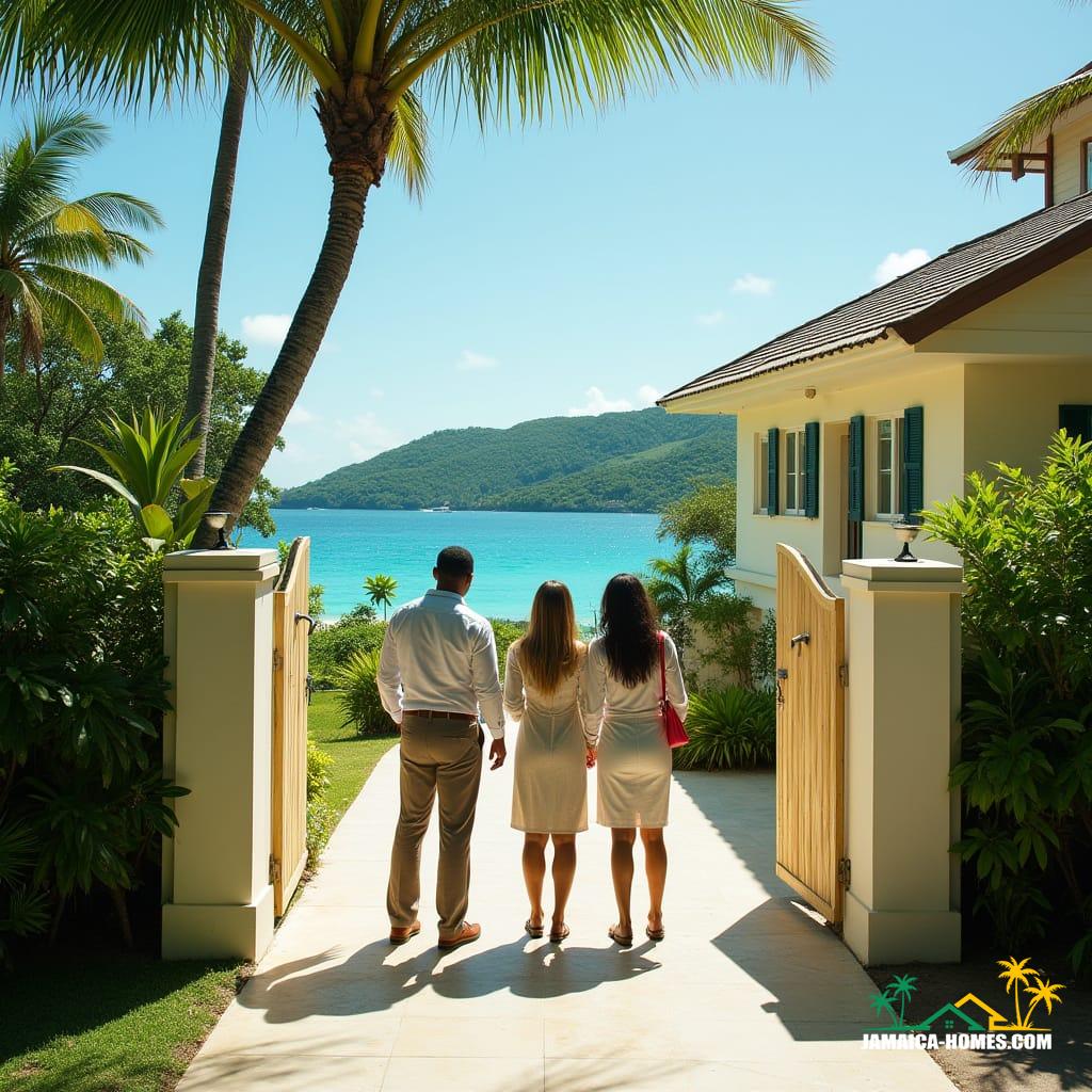 A stylish Jamaican realtor, smartly dressed in a crisp outfit, stands with two interested buyers in front of a freshly painted gate, surrounded by vibrant tropical landscaping, viewing a well-maintained villa on a sunny coastal hillside, overlooking turquoise Caribbean waters, with lush green hills and distant villas, in a cinematic film still style, with bright natural lighting, realistic details, and a clean contemporary aesthetic, reminiscent of the works of Andreas Gursky, Steve McCurry, and National Geographic photographers, with a 35mm film grain, subtle vignette, and cinematic color grading.