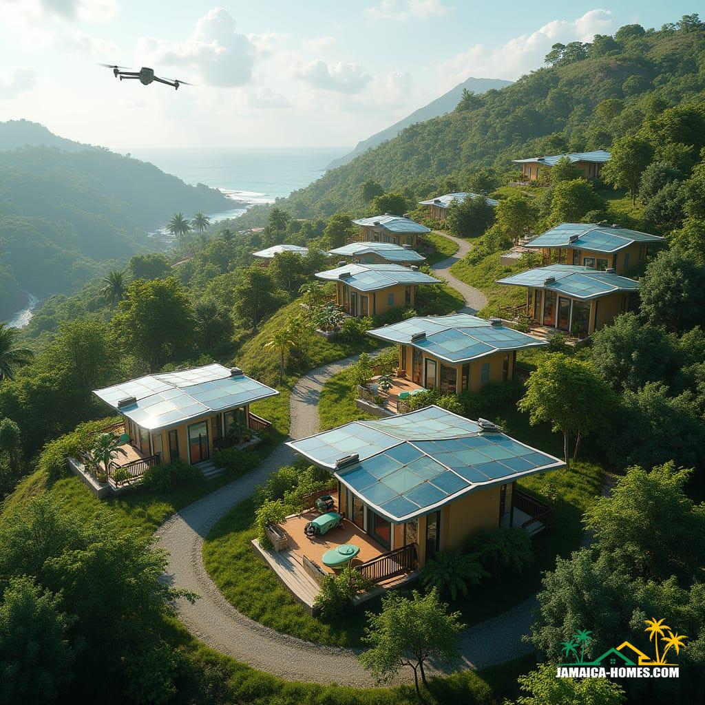 Aerial view of a futuristic Jamaican hillside community in St. Ann, 2040. Cluster of small, smart modular homes with solar glass roofs, green terraces, and vertical gardens. Winding streets with electric micro-vehicles, drones flying overhead delivering goods, communal gardens, and shaded walkways. Homes incorporate colorful Jamaican accents and sustainable local materials. Surrounding tropical hills and distant ocean visible, bright tropical sunlight, ultra-realistic textures, cinematic perspective, high-detail aerial rendering, showing community layout and environmental harmony.