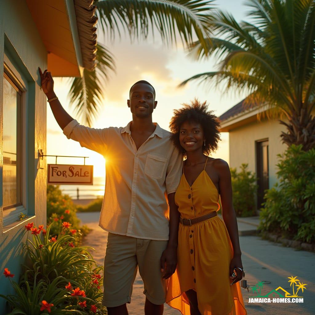 Turning Keys in the Land of Wood and Water: Why Jamaica’s Housing Market Deserves a Second Look Cinematic portrait of a beautiful Jamaican couple in front of their freshly painted home, framed by vibrant tropical flowers and a lush mango tree, at golden hour in Jamaica. The man proudly rests a hand on a “For Sale” sign, while the woman holds house keys, smiling with pride and hope. They wear stylish, relaxed clothing of linen and bold colors, reflecting Jamaican culture. The Caribbean Sea glows in the distance, with warm sunlight casting a golden halo around them. Cinematic film still, shot on v-raptor XL, film grain, vignette, color graded, post-processed, cinematic lighting, 35mm film, live-action, atmospheric, masterpiece, epic, stunning, dramatic.