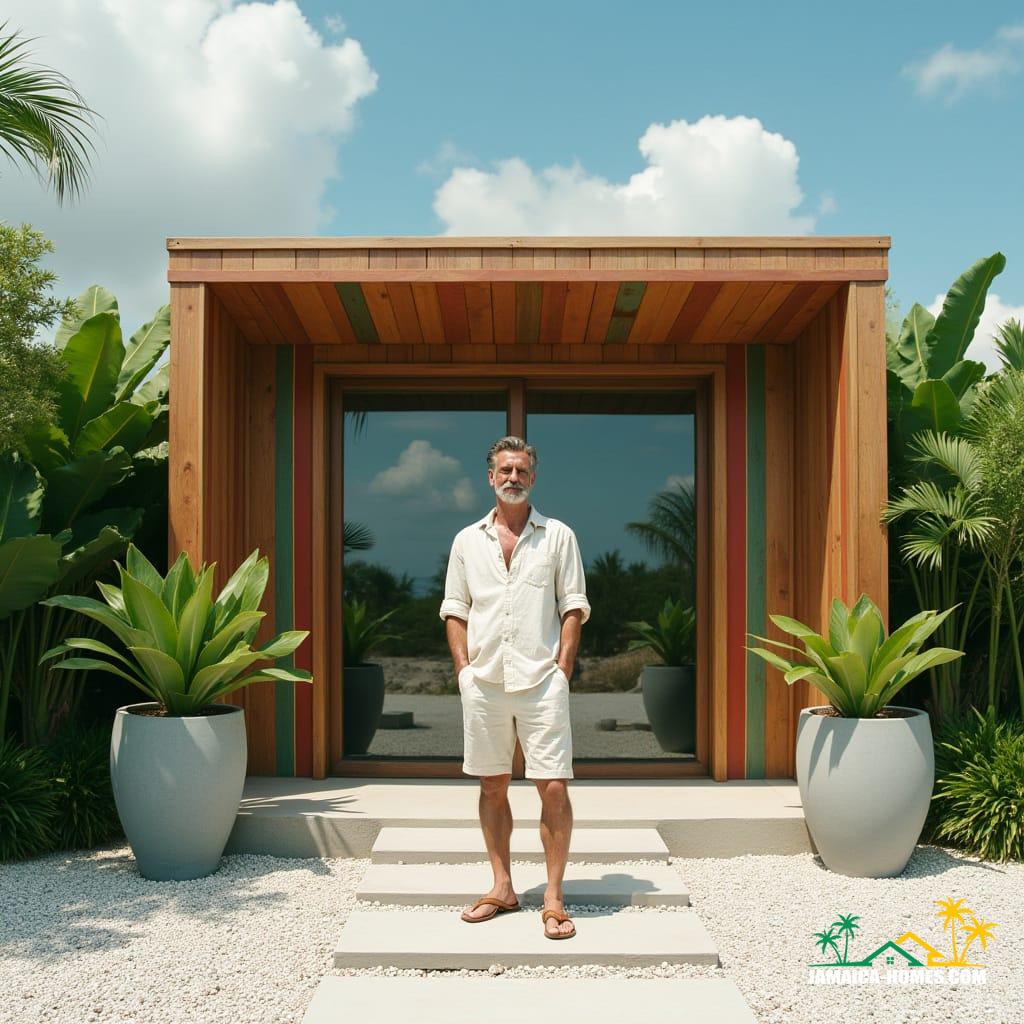  A handsome man in his 50s with a stylishly trimmed beard, wearing a loose linen shirt and tailored shorts, stands confidently with his hands in his pockets in front of a minimalist, modern wooden beach shack. The shack features floor-to-ceiling glass windows and a wide glass sliding door, with vertical wood paneling painted in bold stripes of red, green, and gold. Two minimalist gray concrete planters with lush green tropical plants flank the entrance. The ground is a mix of smooth white pebbles and large, flat stepping stones. The scene is bathed in bright, natural daylight under a clear blue sky with fluffy white clouds, surrounded by vibrant green foliage. The aesthetic is contemporary and clean. Cinematic film still, shot on v-raptor XL, 35mm film, film grain, vignette, color graded, post-processed, cinematic lighting, atmospheric, high-resolution, professional photography, masterpiece, epic, best quality, dramatic.