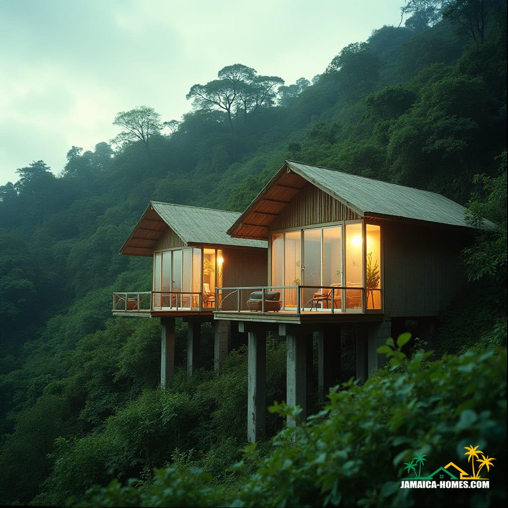 Cinematic film still of budget homes made from bamboo in Jamaica, situated on a lush hillside, featuring expansive glass panels and abundant natural light. These homes, no wider than a van, are nestled between two normal concrete homes, supported by concrete pillars. The scene is bathed in atmospheric, cinematic lighting, shot on v-raptor XL with 35mm film, showcasing film grain, a deliberate vignette, and expert color grading. Post-processing enhances the best quality, creating a masterpiece that is epic, stunning, and dramatic.