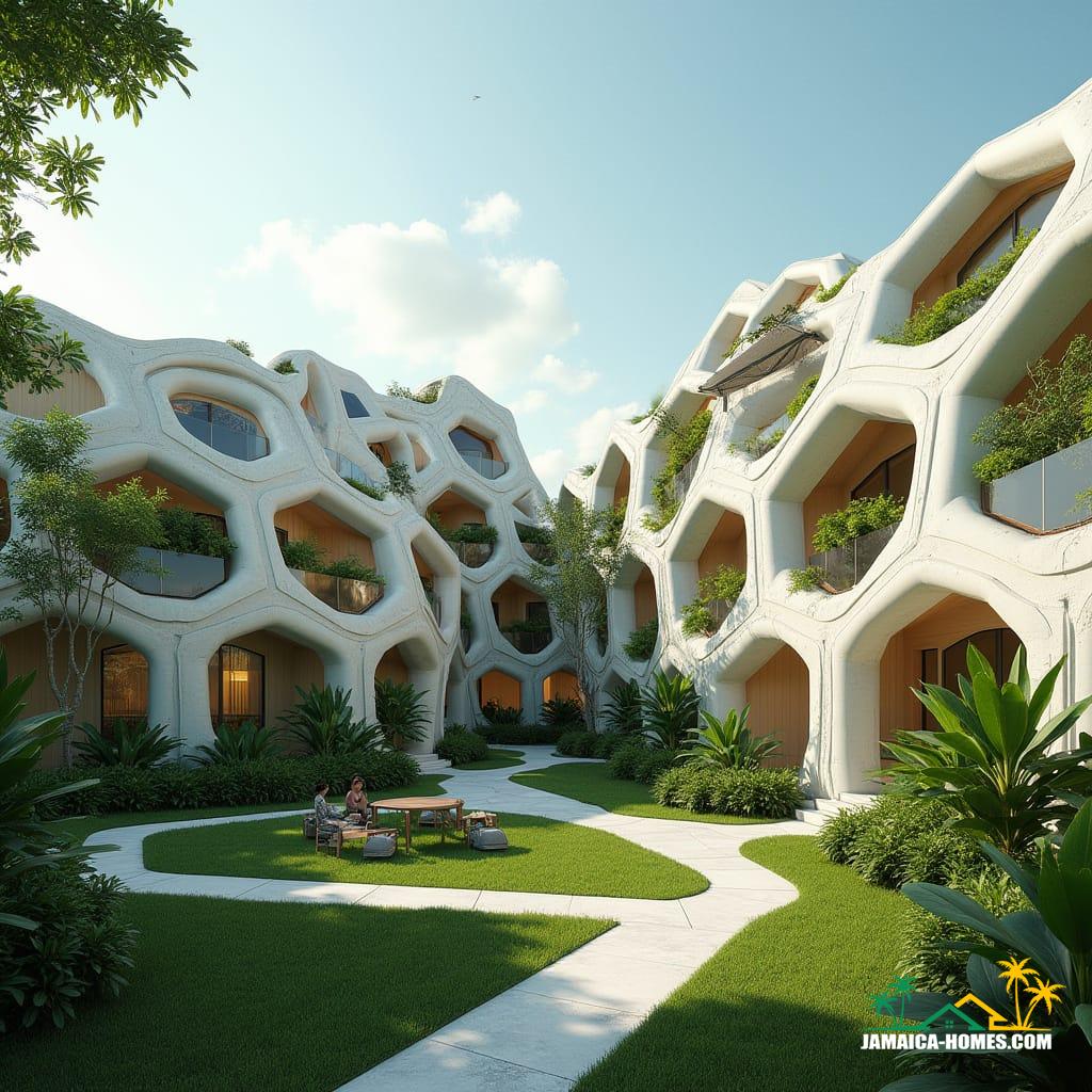 Futuristic modular housing in Jamaica, a hive-like cluster of hexagonal prefabricated pods with 3D-printed concrete walls incorporating local sand and recycled plastics. Vertical farming panels adorn the exterior walls, and AI-integrated smart lighting enhances the design. An open green community courtyard features tropical plants and connecting paths, with solar panels on the roofs. The scene is bathed in bright, tropical daylight, showcasing clean, modern geometric architecture and ultra-realistic textures. The aesthetic is futuristic yet warm, emphasizing sustainability and eco-friendliness, with vibrant greenery and a clear blue sky. Cinematic film still, shot on v-raptor XL, film grain, vignette, color graded, post-processed, cinematic lighting, 35mm film, live-action, best quality, atmospheric, a masterpiece, epic, stunning, dramatic.