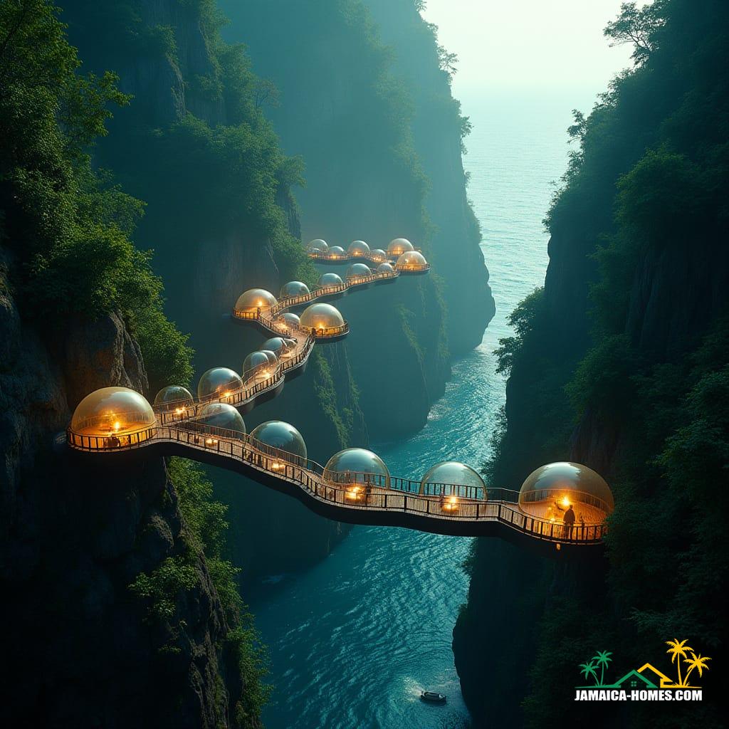 Sky Bridge Villages: Ribbon-like walkways suspended between cliffs, with glass pods that glow softly at night like fireflies above the valleys.