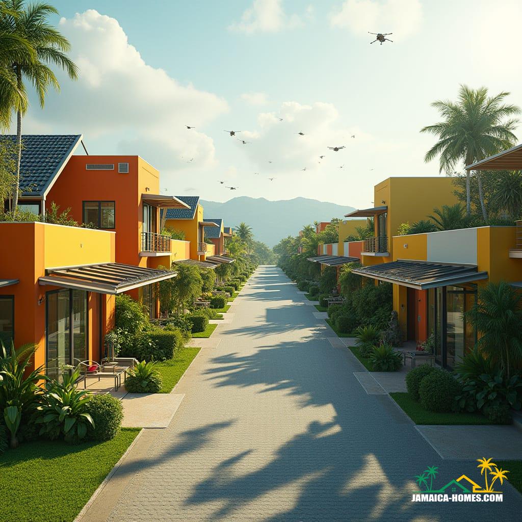 Futuristic neighborhood in Kingston, Jamaica, 2040, featuring clusters of small, affordable smart homes designed for sustainability and community living. Each home is a compact modular structure with 3D-printed walls made from recycled materials and locally sourced composites. Roofs are equipped with integrated solar panels and green gardens. AI-managed home systems control energy, climate, and water usage. Streets are lined with smart lighting, shaded walkways, and shared urban gardens. Homes feature open-air patios, natural ventilation, and colorful accents inspired by Jamaican culture. Drones deliver packages, and electric micro-vehicles travel along clean streets. Tropical greenery is integrated throughout, with vertical gardens and communal green spaces. Daytime scene with bright sunlight reflecting on modern, colorful facades, high-detail, ultra-realistic rendering, futuristic yet affordable and sustainable, tropical-modern aesthetic, cinematic perspective. Cinematic film still, shot on v-raptor XL, film grain, vignette, color graded, post-processed, cinematic lighting, 35mm film, live-action, best quality, atmospheric, a masterpiece, epic, stunning, dramatic.