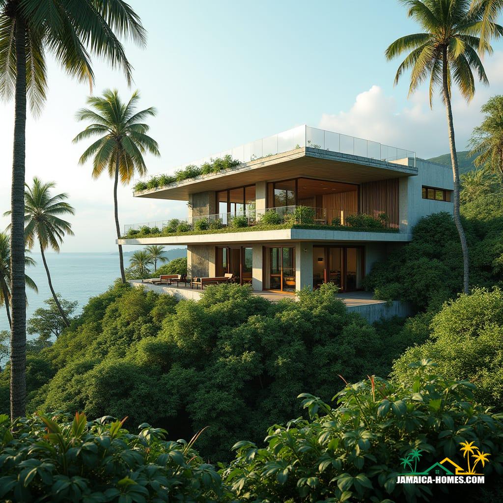  Side view of a modern Jamaican home on a tropical hilltop, 2040 futuristic design. Modular, compact structure with 3D-printed walls, solar glass roof, green terraces, vertical gardens, and large panoramic windows. Materials include bamboo composites, recycled concrete, and colorful Jamaican accents. Smart AI systems visible through subtle indicators, open-air patios, natural ventilation, and hurricane-resistant construction. Lush tropical hillside with palm trees and flowering plants. Bright tropical daylight, cinematic perspective, ultra-realistic textures, detailed architectural elevation view, tropical-modern aesthetic, cinematic film still, shot on v-raptor XL, film grain, vignette, color graded, post-processed, cinematic lighting, 35mm film, live-action, best quality, atmospheric, a masterpiece, epic, stunning, dramatic.
