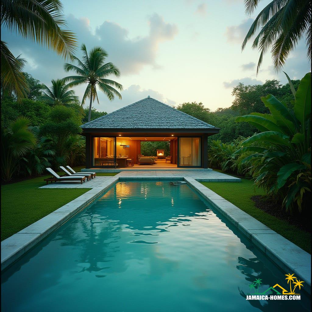 A modern Jamaican square cottage nestled in the vibrant Caribbean landscape, featuring a single, slender swimming lane pool. Cinematic film still captured on a V-Raptor XL, showcasing rich film grain, a subtle vignette, professional color grading, and dramatic cinematic lighting. Shot on 35mm film for an atmospheric, live-action, epic masterpiece of stunning quality.