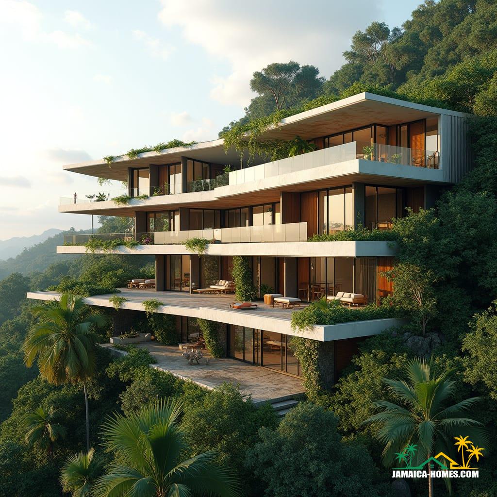 "Side view of a modern, futuristic Jamaican hilltop home, 2040. Sleek, modular design with clean lines and large panoramic windows that open onto shaded terraces. Roofs feature integrated solar glass panels and lush green gardens. Walls are made of lightweight, hurricane-resistant composites, with warm wooden accents and subtle Jamaican colors on balconies and facades. Open-air patios, private outdoor spaces, and smart vertical gardens for growing herbs and vegetables. Surrounding tropical hillside with palm trees, flowering plants, and winding pathways. Soft natural daylight, realistic shadows, and textures. Cinematic architectural elevation view emphasizing comfort, livability, sustainability, and modern tropical aesthetics — a home people can truly imagine living in.