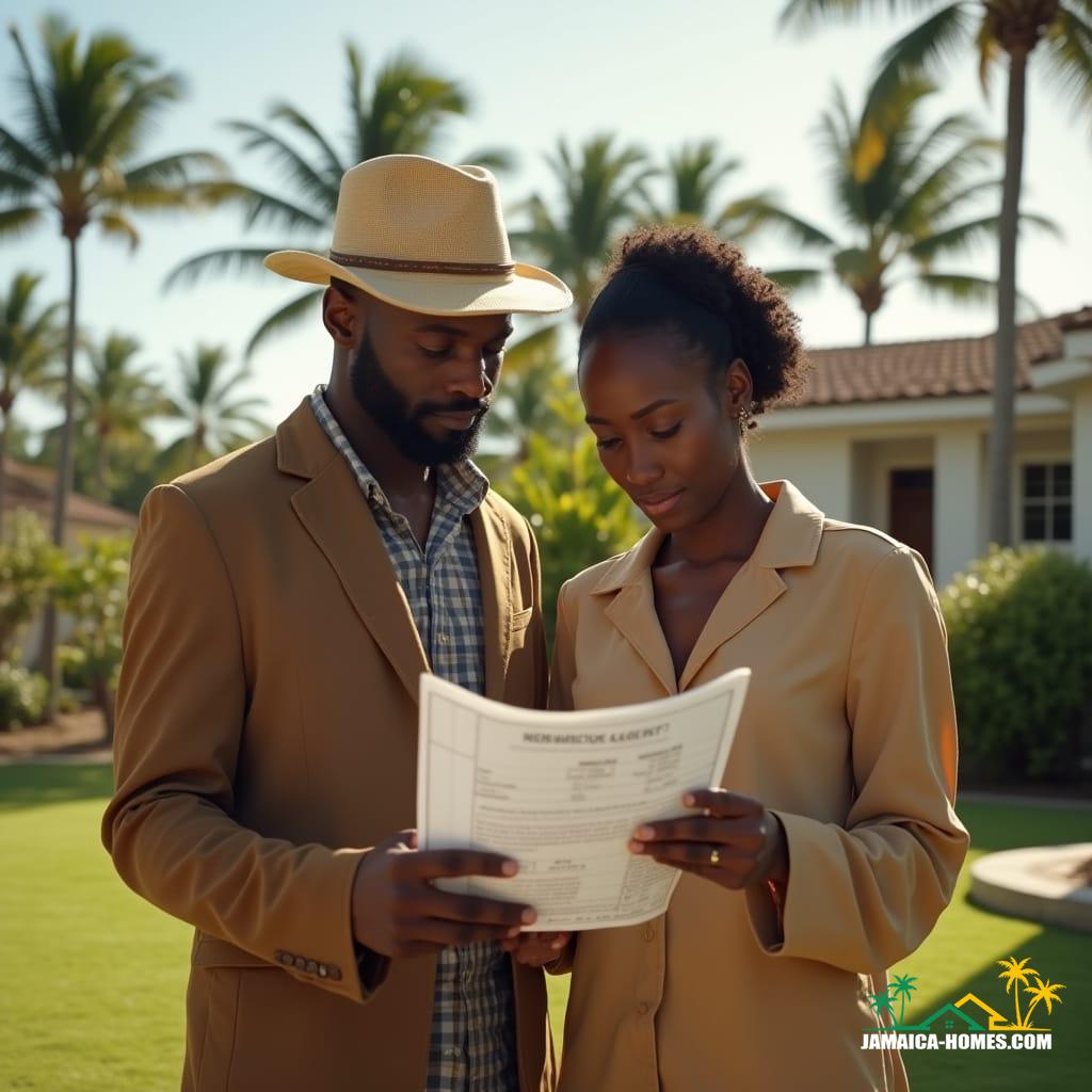 A Jamaican couple, dressed in warm brown and beige clothing, collaborates outdoors, surrounded by palm trees and bright sunlight, with subtle hints of homes in the background, as they calculate land measurements on a tablet, displaying conversion charts for Sq Ft, Acres, and Hectares, in a realistic yet stylized style, reminiscent of cinematic film stills, with a color palette that blends natural greens and blues, and warm earth tones, evoking a sense of professionalism and modernity, in the style of filmmakers like Emmanuel Lubezki, with a touch of concept artists like Simon Stalenhag and No Man's Sky artist, Martin Rezard, featuring cinematic lighting, subtle film grain, and vignette.