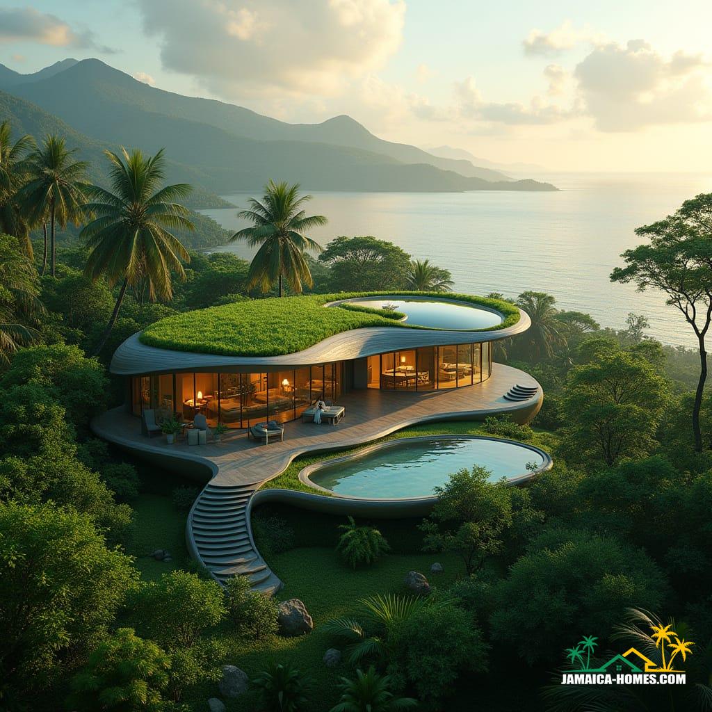 A futuristic Jamaican eco-villa nestled in a lush tropical landscape, showcasing advanced AI technology and sustainable design. The villa boasts a dynamic, organic shape inspired by nature, constructed with 3D-printed local materials, featuring translucent solar glass panels and green roofing for energy efficiency. Cinematic film still, shot on v-raptor XL, film grain, vignette, color graded, post-processed, cinematic lighting, 35mm film, live-action, atmospheric, masterpiece, epic, stunning, dramatic, golden hour lighting.
