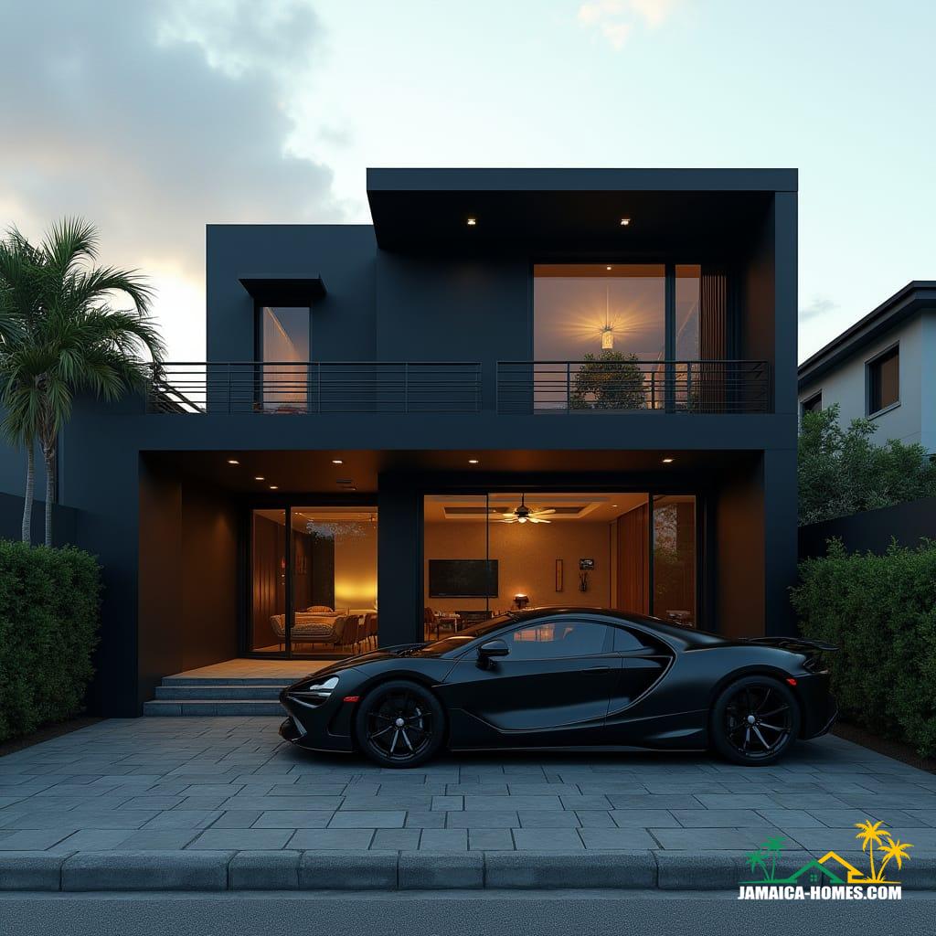 Modern Jamaican townhouse in Kingston, matte black, bold geometric forms, recessed windows, flat roof, protruding entrances, rooftop lounge and spa, geometric landscaping, luxury black supercar, cinematic film still, 35mm film grain, vignette, color graded, cinematic lighting, futuristic urban elegance, inspired by Syd Mead, Antoni Gaudí, and Zaha Hadid's sleek architecture, dramatic contrasts, atmospheric.
