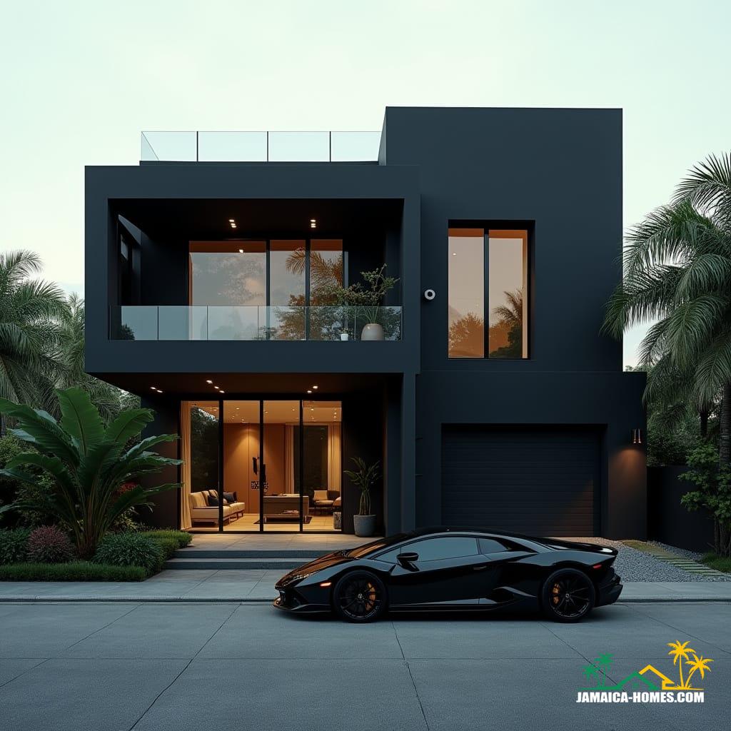Modern Jamaican townhouse in Kingston, matte black, bold geometric forms, recessed windows, flat roof, protruding entrances, rooftop lounge and spa, geometric landscaping, luxury black supercar, cinematic film still, 35mm film grain, vignette, color graded, cinematic lighting, futuristic urban elegance, inspired by Syd Mead, Antoni Gaudí, and Zaha Hadid's sleek architecture, dramatic contrasts, atmospheric.