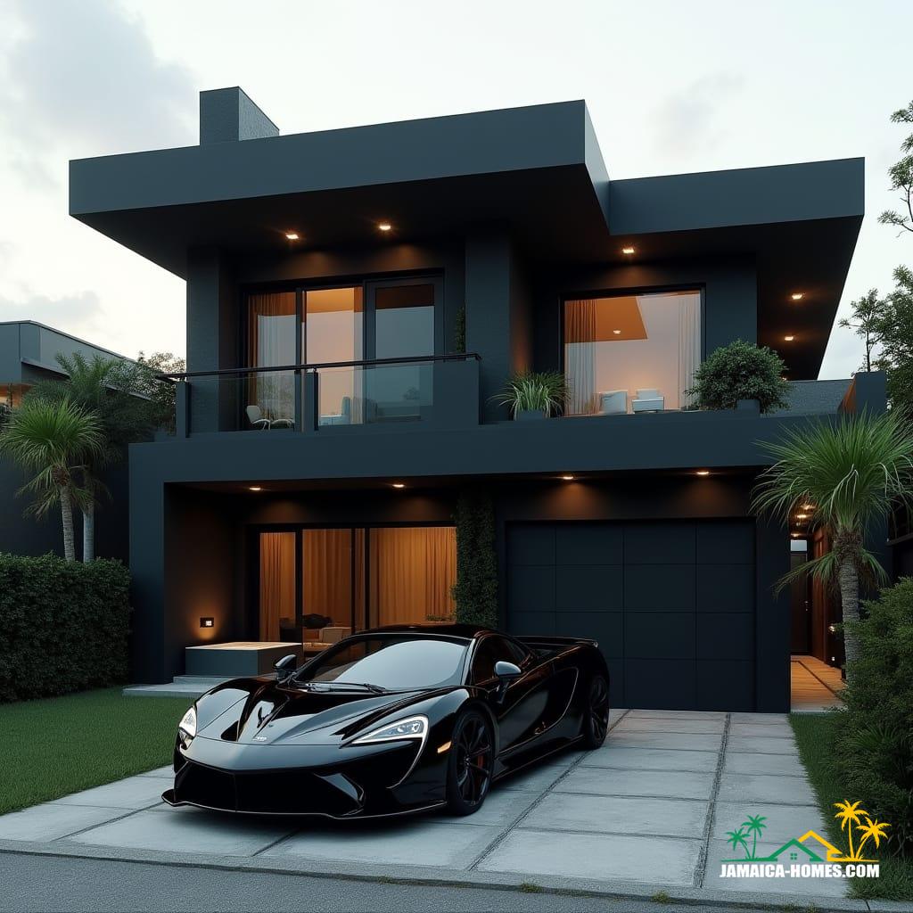 Modern Jamaican townhouse in Kingston, matte black, bold geometric forms, recessed windows, flat roof, protruding entrances, rooftop lounge and spa, geometric landscaping, luxury black supercar, cinematic film still, 35mm film grain, vignette, color graded, cinematic lighting, futuristic urban elegance, inspired by Syd Mead, Antoni Gaudí, and Zaha Hadid's sleek architecture, dramatic contrasts, atmospheric.
