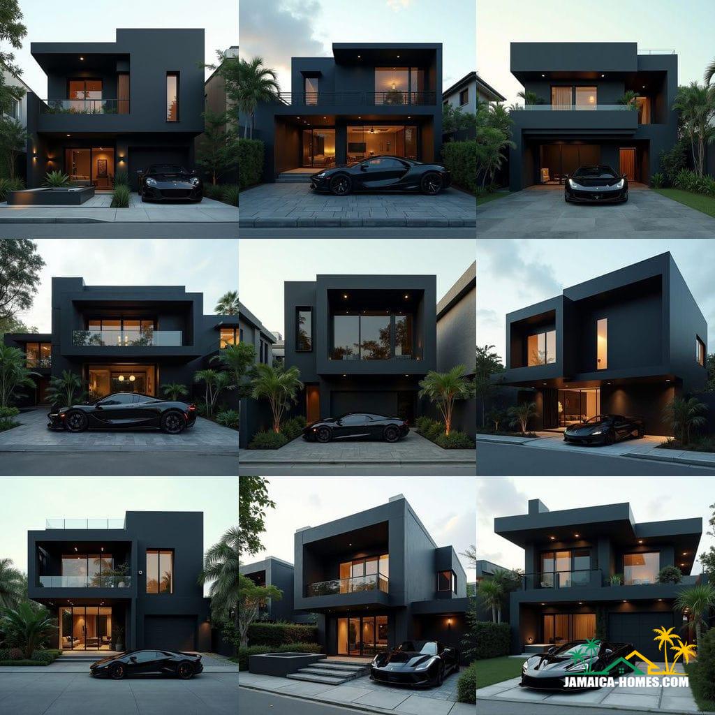 Modern Jamaican townhouse in Kingston, matte black, bold geometric forms, recessed windows, flat roof, protruding entrances, rooftop lounge and spa, geometric landscaping, luxury black supercar, cinematic film still, 35mm film grain, vignette, color graded, cinematic lighting, futuristic urban elegance, inspired by Syd Mead, Antoni Gaudí, and Zaha Hadid's sleek architecture, dramatic contrasts, atmospheric.