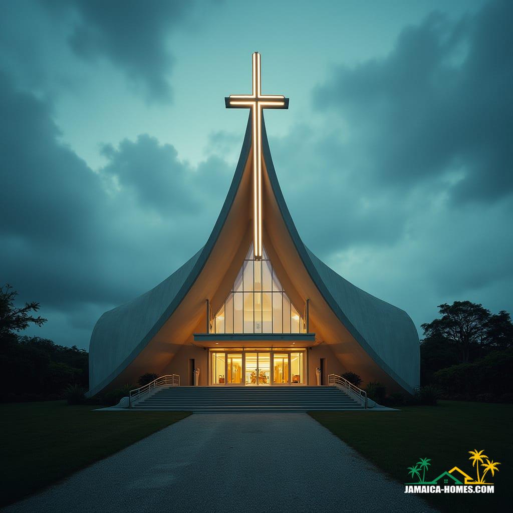 A modern church building in Jamaica, Caribbean, architecturally sculpted into the distinct shape of a Christian cross. Captured as a cinematic film still, shot on an Arri Alexa 65 camera with a 35mm lens. The image features subtle film grain, a gentle vignette, and professional color grading, bathed in dramatic, atmospheric cinematic lighting. The overall aesthetic is that of a high-quality, epic, and stunning masterpiece, with a palpable sense of realism and post-processing polish.