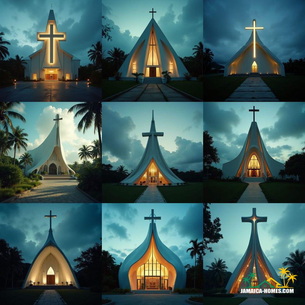 A modern church building in Jamaica, Caribbean, architecturally sculpted into the distinct shape of a Christian cross.