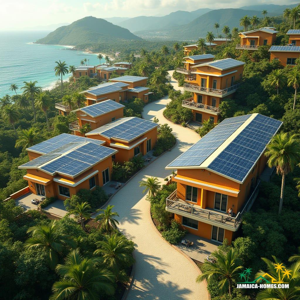 Aerial view of a livable futuristic Jamaican hillside community