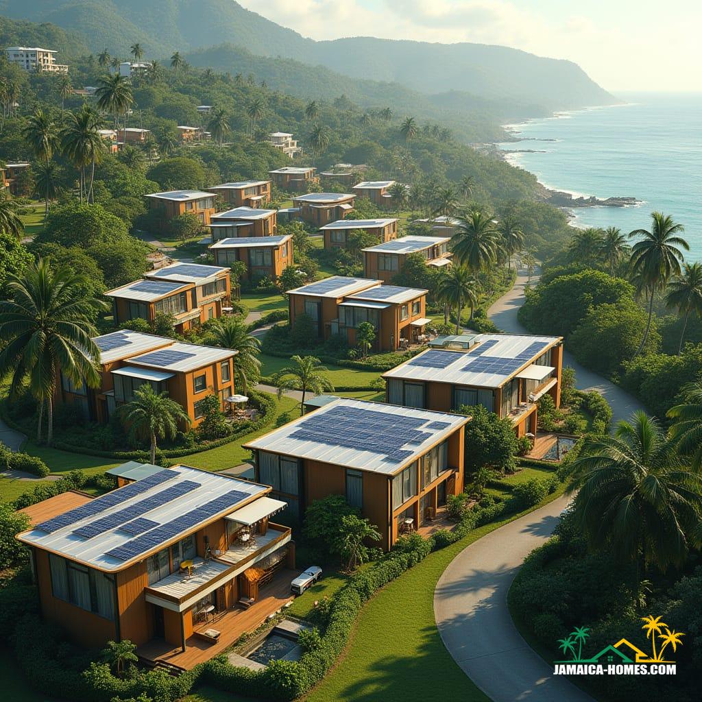 Aerial view of a livable futuristic Jamaican hillside community