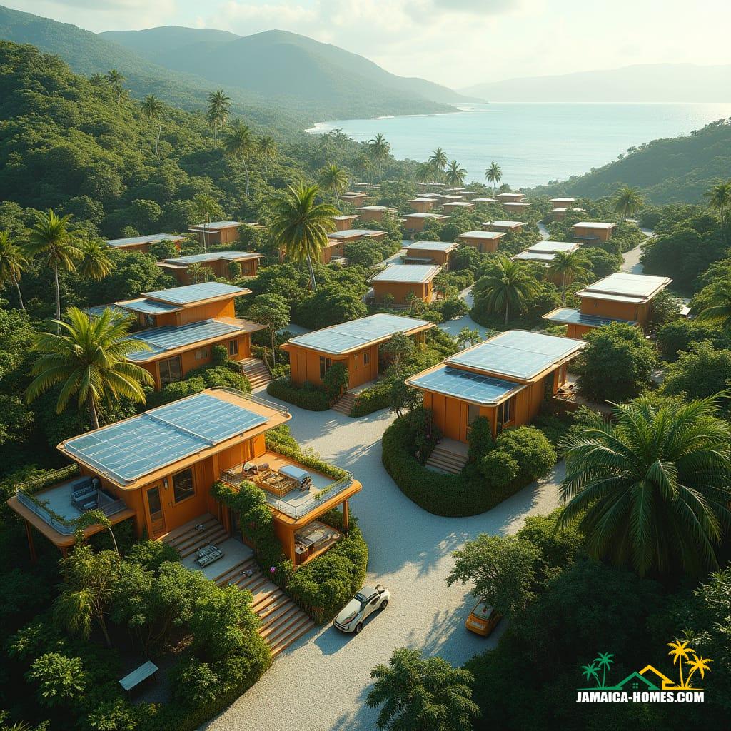Aerial view of a livable futuristic Jamaican hillside community