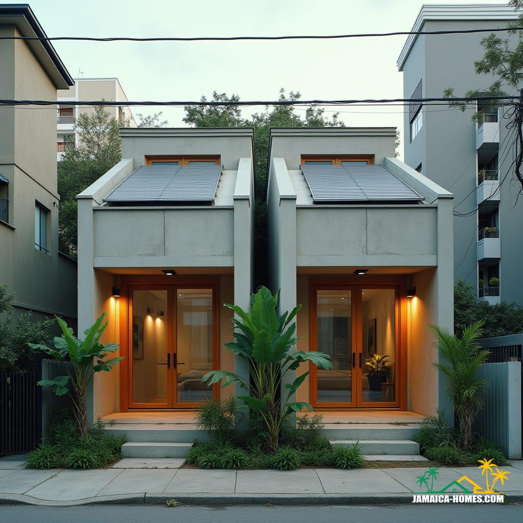 Standing Still in the Storm: Building Homes That Endure Jamaica’s Winds Twin Modular Urban Home Design: Two 20-ft concrete modules side by side with shared narrow porch. Materials: Concrete, steel, glass, timber accents. Features: Solar panels, ventilated roof, cross-ventilation, narrow garden strip at front. Environment: Dense city lot, neighboring buildings close by, small tropical plants in front. Style Notes: Modern, practical, functional for small urban family or rental.