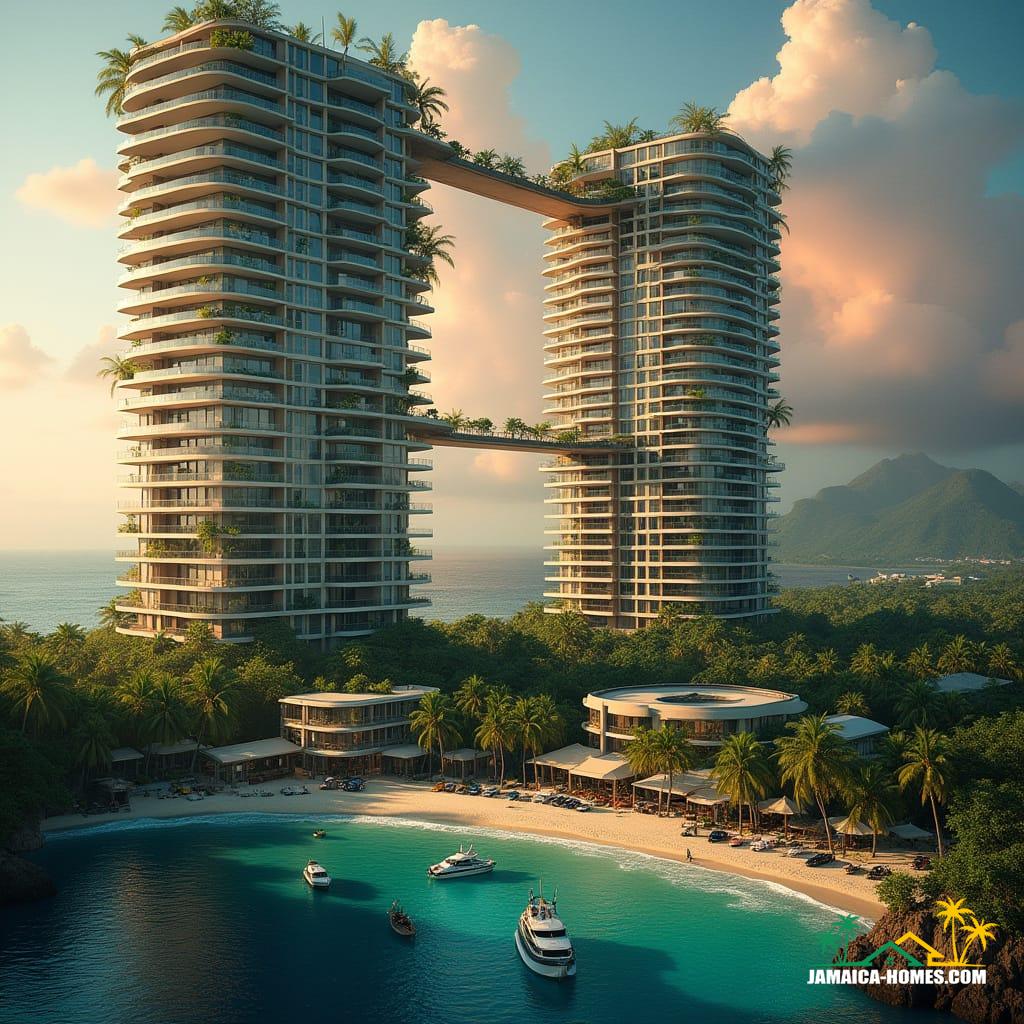 High-rise condos soaring above Montego Bay’s coast, reflective glass towers with tropical greenery spiraling upward, elevated walkways crossing between buildings, fishing boats on the water below