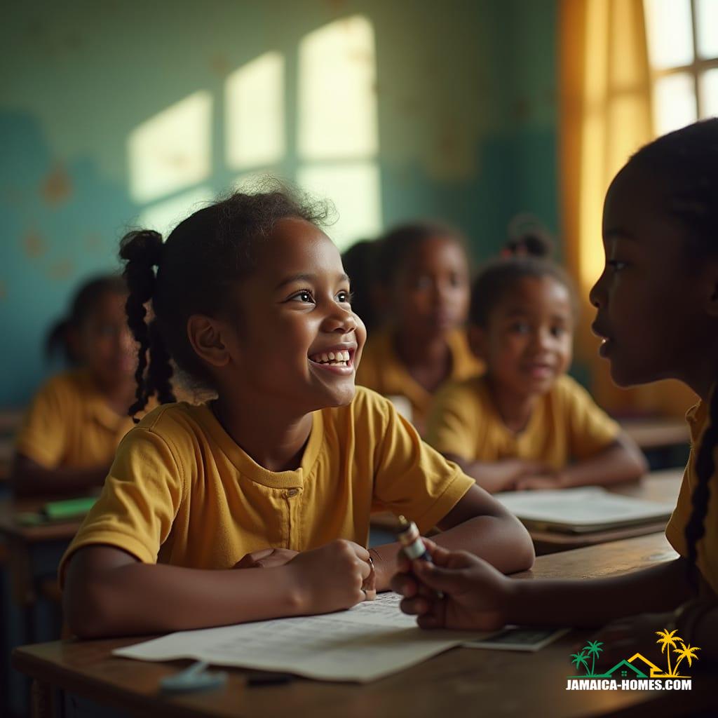 Cinematic film still, shot on v-raptor XL, of beautiful Jamaican kids in a classroom in Jamaica, vibrant and sunlit, with palpable joy and curiosity. Film grain, vignette, color graded, post-processed, cinematic lighting, 35mm film, live-action, best quality, atmospheric, a masterpiece, epic, stunning, dramatic.