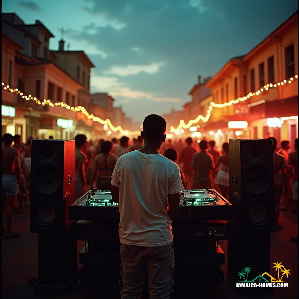  Cinematic film still of a vibrant Jamaica dancehall scene with a massive sound system set up in a bustling street. Shot on V-Raptor XL, 35mm film, with noticeable film grain and a subtle vignette. The scene is bathed in dramatic, atmospheric cinematic lighting, expertly color-graded and post-processed for a masterpiece quality. The live-action feel is epic and stunning, capturing the raw energy of Jamaica.