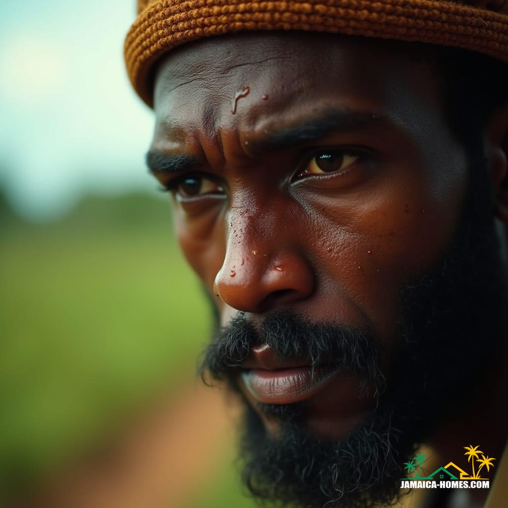 Jamrock Rising: A Poetic Journey Through Life, Legacy, and Real Estate Close-up of a serious Jamaican man's face, sweat beading on his brow as he dips from intense heat, working under the Aril sun. Every detail is in sharp focus, with the vibrant Jamaican landscape visible in the bokeh background. Cinematic film still, shot on v-raptor XL, 35mm film grain, subtle vignette, cinematic color grading, post-processed, dramatic tungsten lighting, live-action, highest quality, atmospheric, a masterpiece, epic lighting, stunning composition.