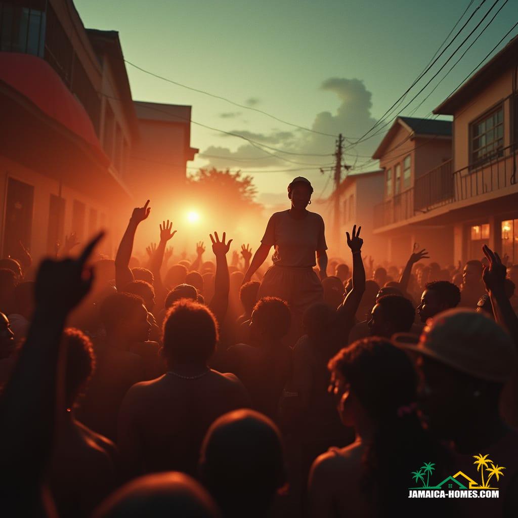  A vibrant Jamaica dancehall scene unfolds in the streets, featuring a powerful sound system. Captured as a cinematic film still, shot on v-raptor XL with 35mm film. The atmosphere is enhanced by visible film grain, a subtle vignette, and dramatic, color-graded cinematic lighting. This masterpiece of live-action photography is post-processed for the best quality, creating an epic and stunningly atmospheric image.