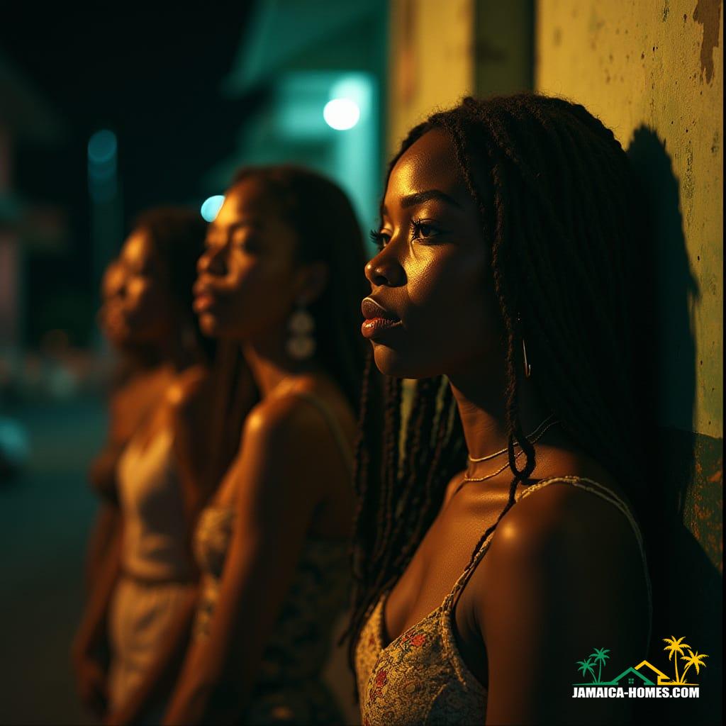  Cinematic film still of beautiful Jamaican people in the streets of Jamaica, bathed in dramatic, atmospheric cinematic lighting. Shot on V-Raptor XL with 35mm film, featuring film grain, a vignette, and expert color grading, post-processed for a masterpiece quality. Live-action, best quality, epic, stunning.