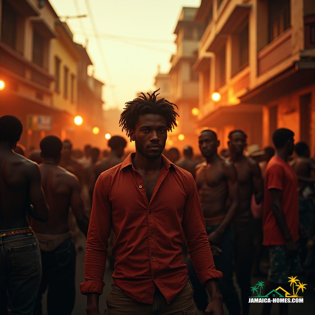  A vibrant Jamaican dancehall scene unfolds in a bustling street, featuring a powerful sound system. Cinematic film still, shot on v-raptor XL, with visible film grain and a subtle vignette. The image boasts rich, color-graded tones and dramatic cinematic lighting, captured on 35mm film for a live-action feel. Masterpiece quality, epic and atmospheric, with stunning, dramatic visual impact.
