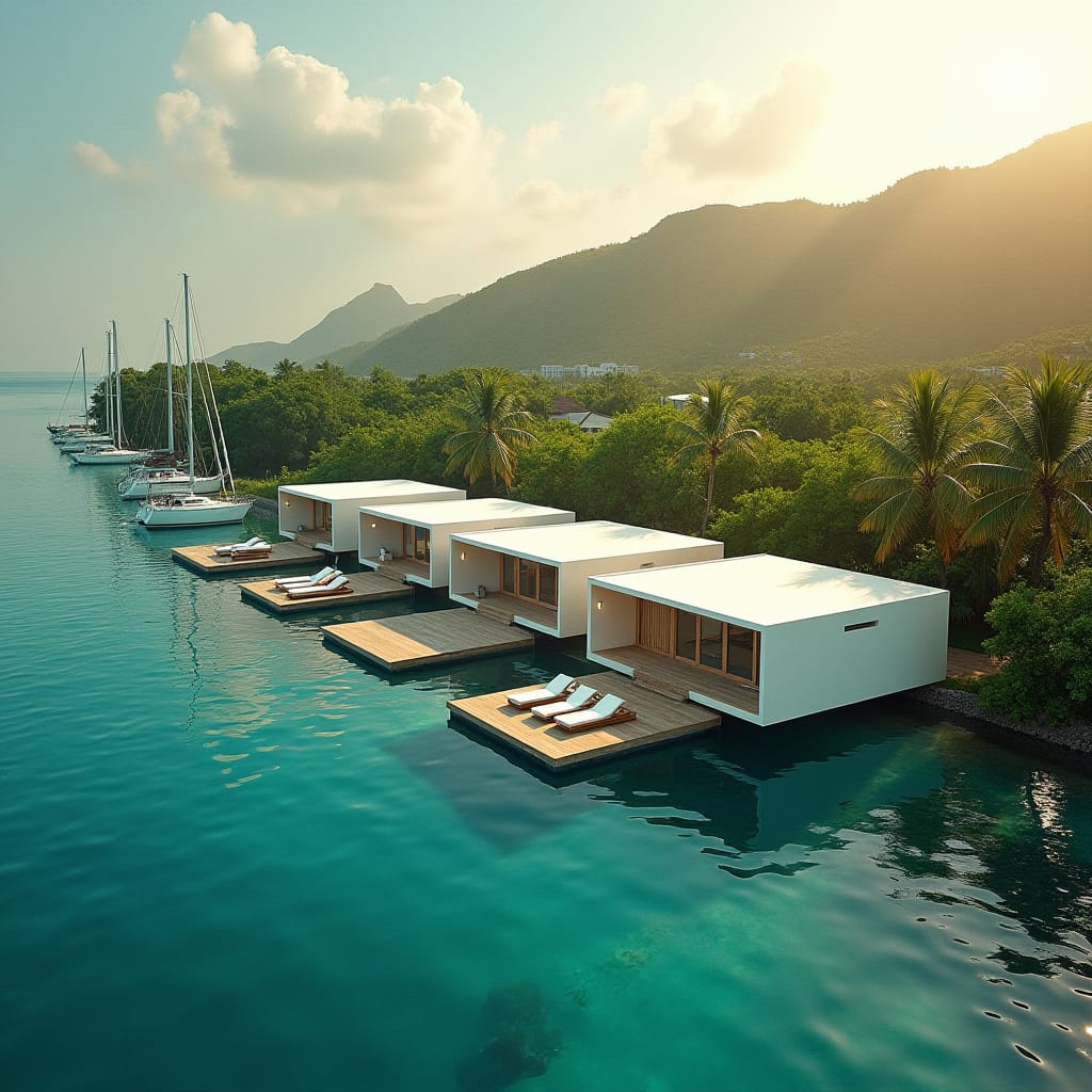 Modern, sleek, and eco-friendly floating prefab homes nestled in the vibrant cityscape of Mobay, Jamaica, surrounded by turquoise waters and lush greenery, with a sense of serenity and harmony. Soft, warm light casts a golden glow on the futuristic dwellings, accentuating their angular lines and minimalist aesthetic. The atmosphere is tranquil, with a few sailboats drifting lazily in the distance, their sails billowing in the gentle Caribbean breeze.