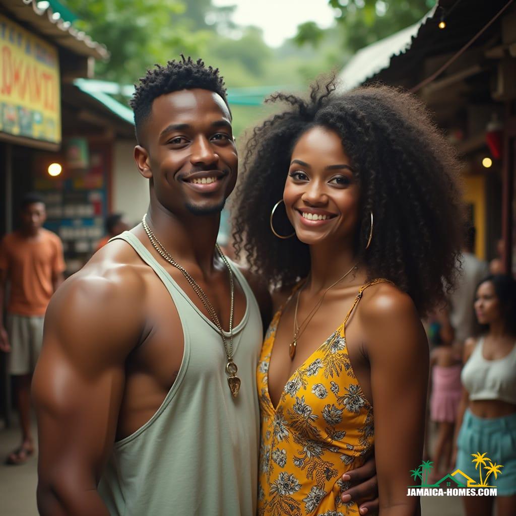 A handsome young man and his stunningly beautiful partner, a woman with radiant skin and captivating features, standing together in a vibrant Jamaican market, surrounded by colorful textiles and lush greenery, as they immerse themselves in the local culture, warmly interacting with the island's people. Captured in a cinematic film still, reminiscent of a 35mm film frame, with a subtle film grain and vignette, evoking a sense of nostalgia and depth. The image is color graded to perfection, with a post-processed sheen, accentuating the couple's joy and the island's tropical atmosphere. Inspired by the dramatic lighting of cinematographers like Emmanuel Lubezki and Roger Deakins, with a hint of the intimate, observational style of directors like Barry Jenkins and Ava DuVernay.