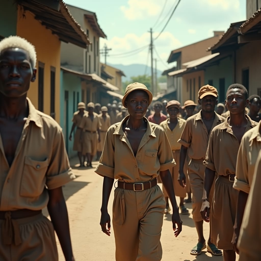 A Jamaican town street in 1941, with people of all ages dressed in worn, earth-toned clothing, queuing patiently for rationed goods, their faces etched with determination.