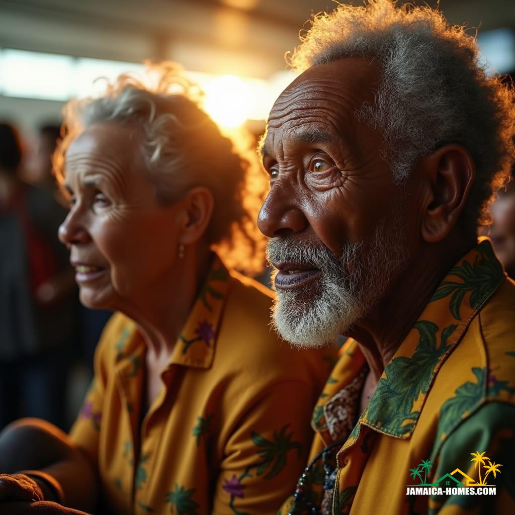 Warmly lit, intimate close-up of a deeply wrinkled, aged Jamaican couple, surrounded by the nostalgic chaos of a bustling airport, as they return to their homeland for the first time in decades, their faces etched with a mix of excitement, nostalgia, and wisdom. Soft, golden light dances across their weathered skin, as if infused with the warmth of the Jamaican sun, casting a gentle glow on their deeply lined faces. The couple's eyes, filled with a deep understanding, sparkle with a hint of moisture, as they hold hands, surrounded by the vibrant colors of their ancestral heritage.