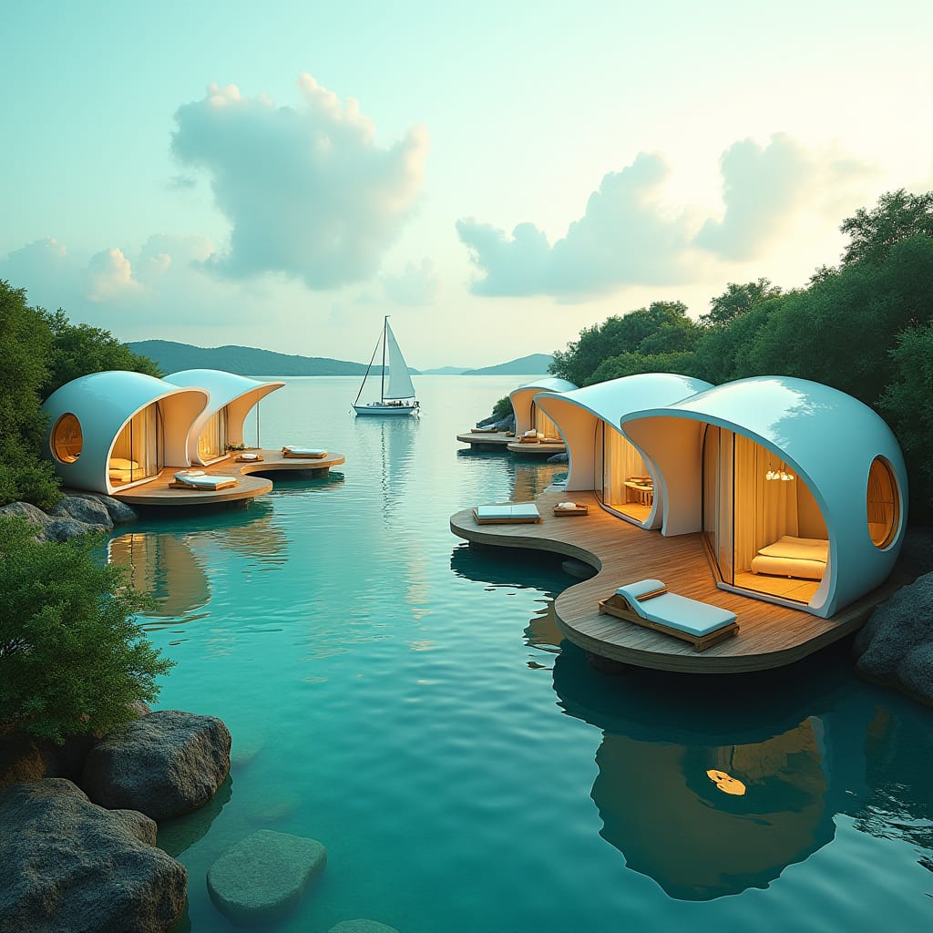 Modern, sleek, and eco-friendly floating prefab homes nestled in the vibrant cityscape of Mobay, Jamaica, surrounded by turquoise waters and lush greenery, with a sense of serenity and harmony. Soft, warm light casts a golden glow on the futuristic dwellings, accentuating their angular lines and minimalist aesthetic. The atmosphere is tranquil, with a few sailboats drifting lazily in the distance, their sails billowing in the gentle Caribbean breeze.