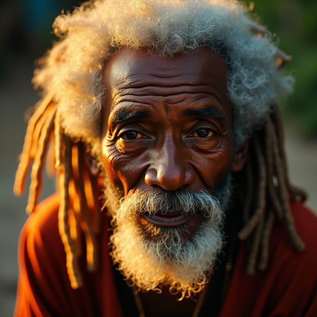 Venerable Jamaican Rastafarian elder, wisps of white dreadlocks framing a weathered, gentle face, eyes aglow with wisdom, set against a warm, earthy backdrop, infused with the soft, golden light of a Caribbean sunset