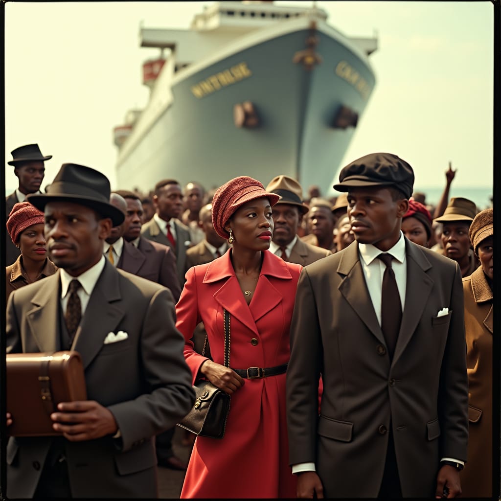 Historical HMT Empire Windrush ship arriving in Britain, 1940s
