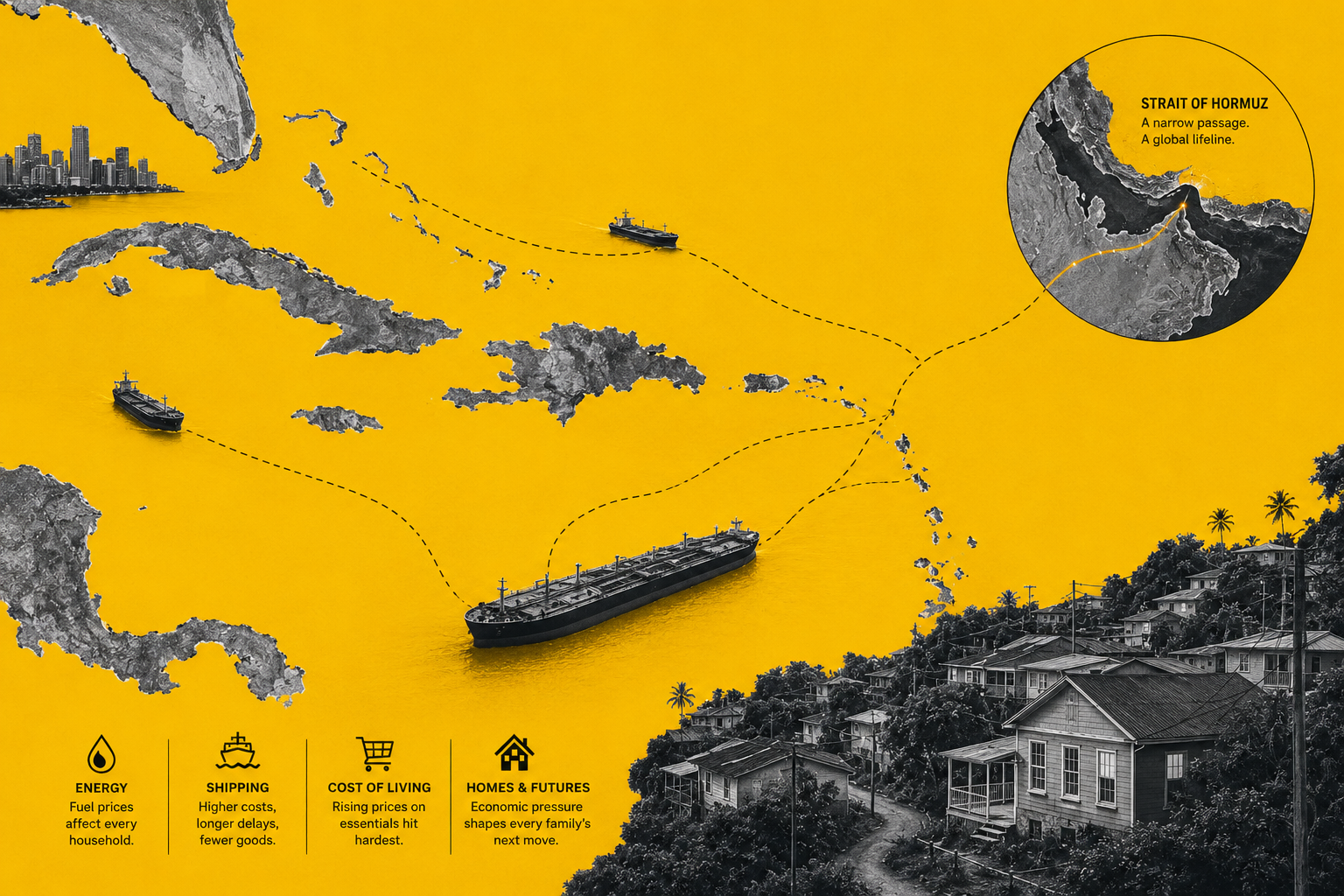 A disruption thousands of miles away in the Strait of Hormuz could reshape fuel prices, shipping costs, housing pressure and economic confidence across Jamaica and the wider Caribbean. Illustration by Jamaica Homes.