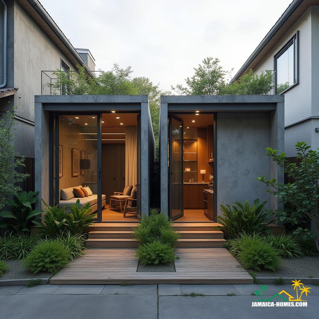 Twin Modular Urban Home
Design: Two 20-ft concrete modules side by side with shared narrow porch.
Materials: Concrete, steel, glass, timber accents.
Features: Solar panels, ventilated roof, cross-ventilation, narrow garden strip at front.
Environment: Dense city lot, neighboring buildings close by, small tropical plants in front.
Style Notes: Modern, practical, functional for small urban family or rental.