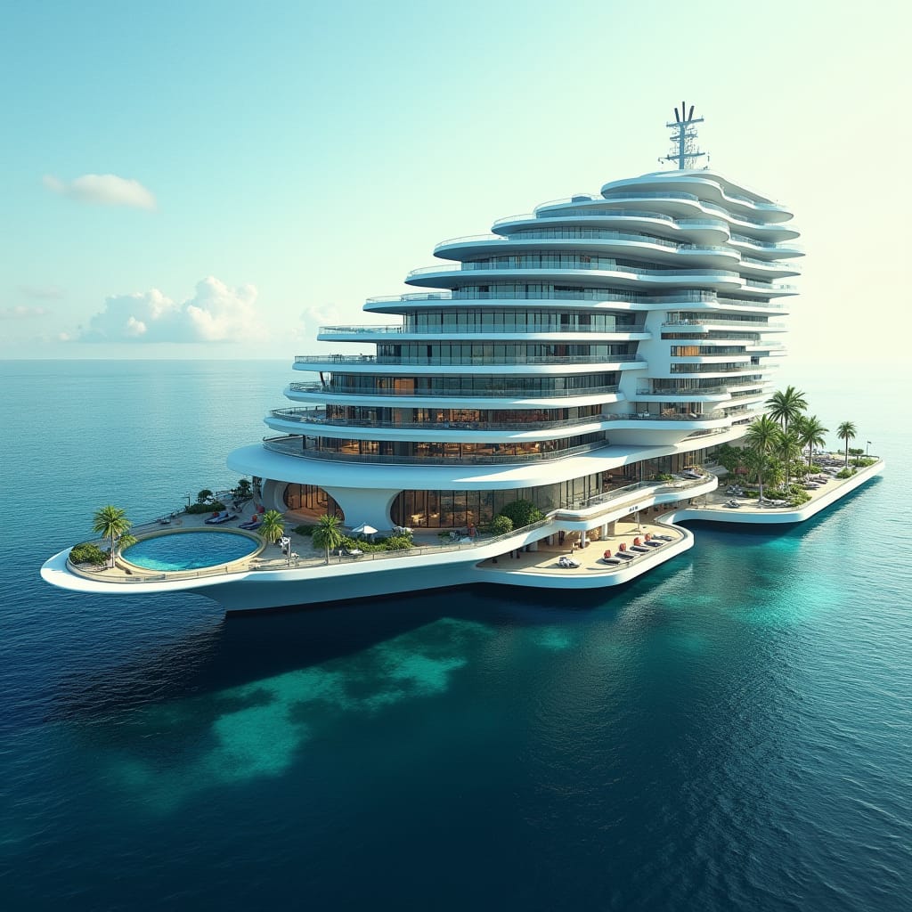 A sleek, floating modern 20-story hotel in the shape of a cruise ship as on jamaicas sea with a bridge across to land, its Protruding windows, multiple swimming suspending above ground and on the ground merging into sea. platforms create a dynamic, futuristic aesthetic, evoking a sense of tropical modernity