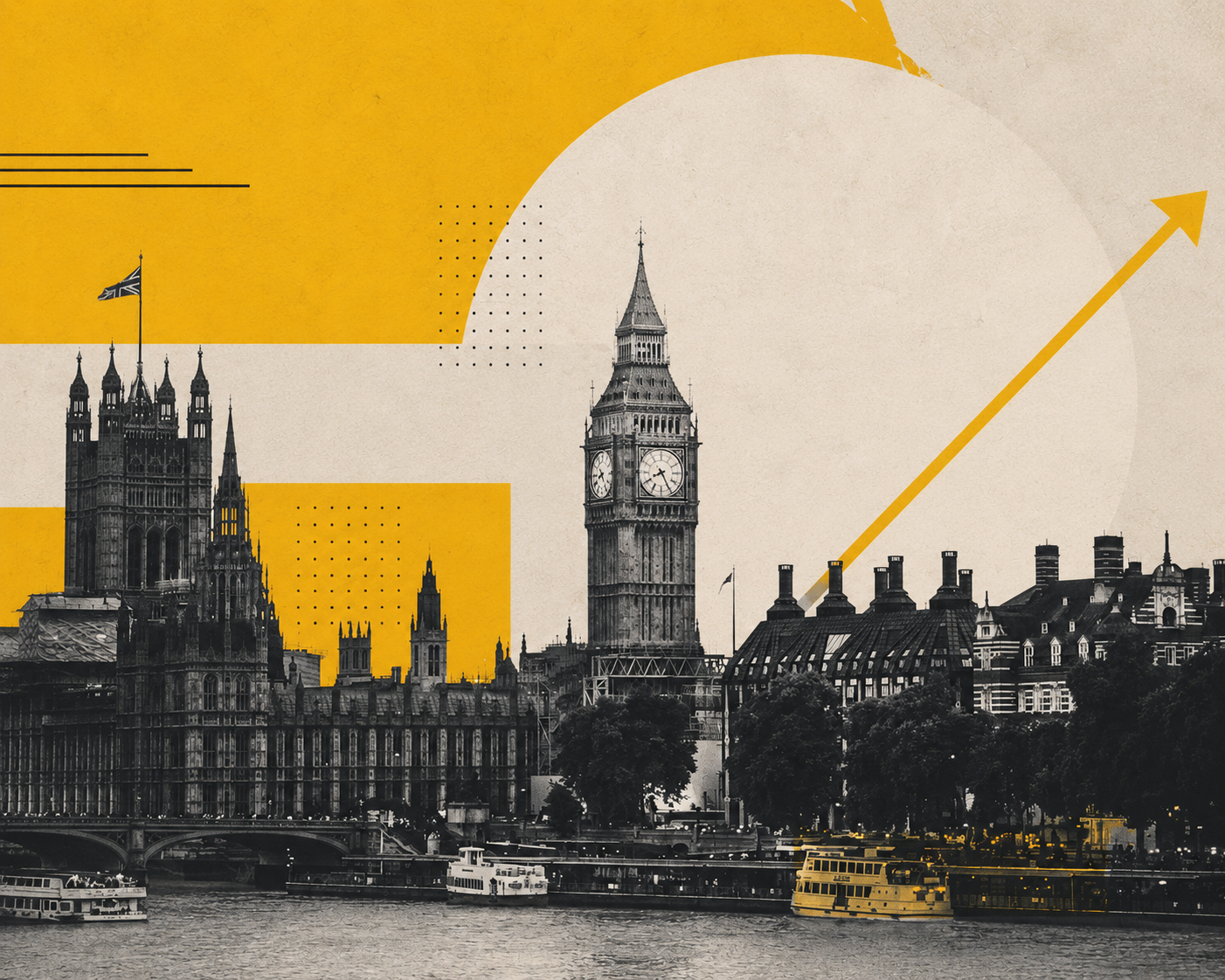A dramatic reimagining of London’s skyline using Jamaica Homes’ signature yellow and grayscale editorial style. The image transforms the city into a bold visual statement, blending financial uncertainty, architecture, and urban identity into a striking modern collage.