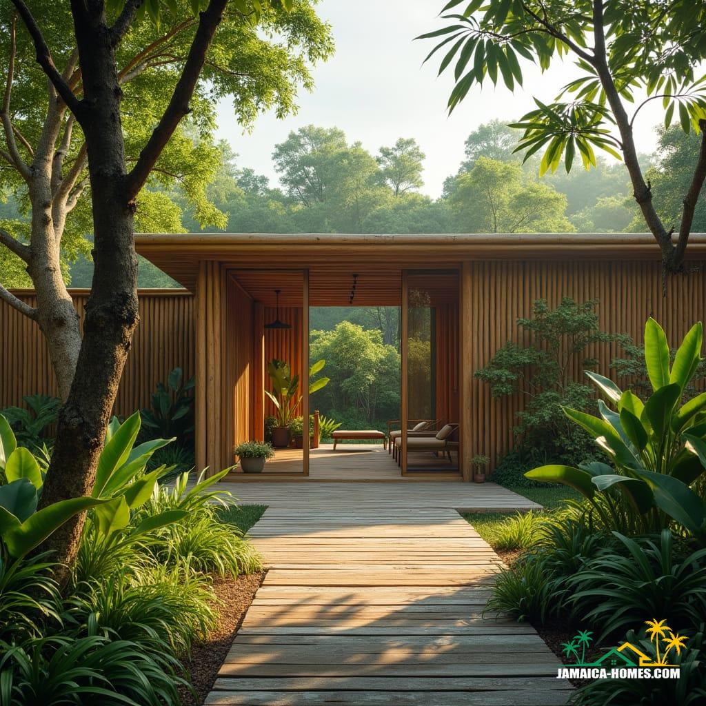 Eco-retreat and wellness center in St. Elizabeth, Jamaica, nestled in lush surroundings, with reclaimed wood and bamboo structures blending seamlessly into the natural landscape. Open yoga studios and meditation gardens, with large windows framing the vibrant greenery, inviting warmth and serenity. Minimalistic design, with a focus on sustainability, featuring natural textures and earthy tones, evoking a sense of organic harmony.
