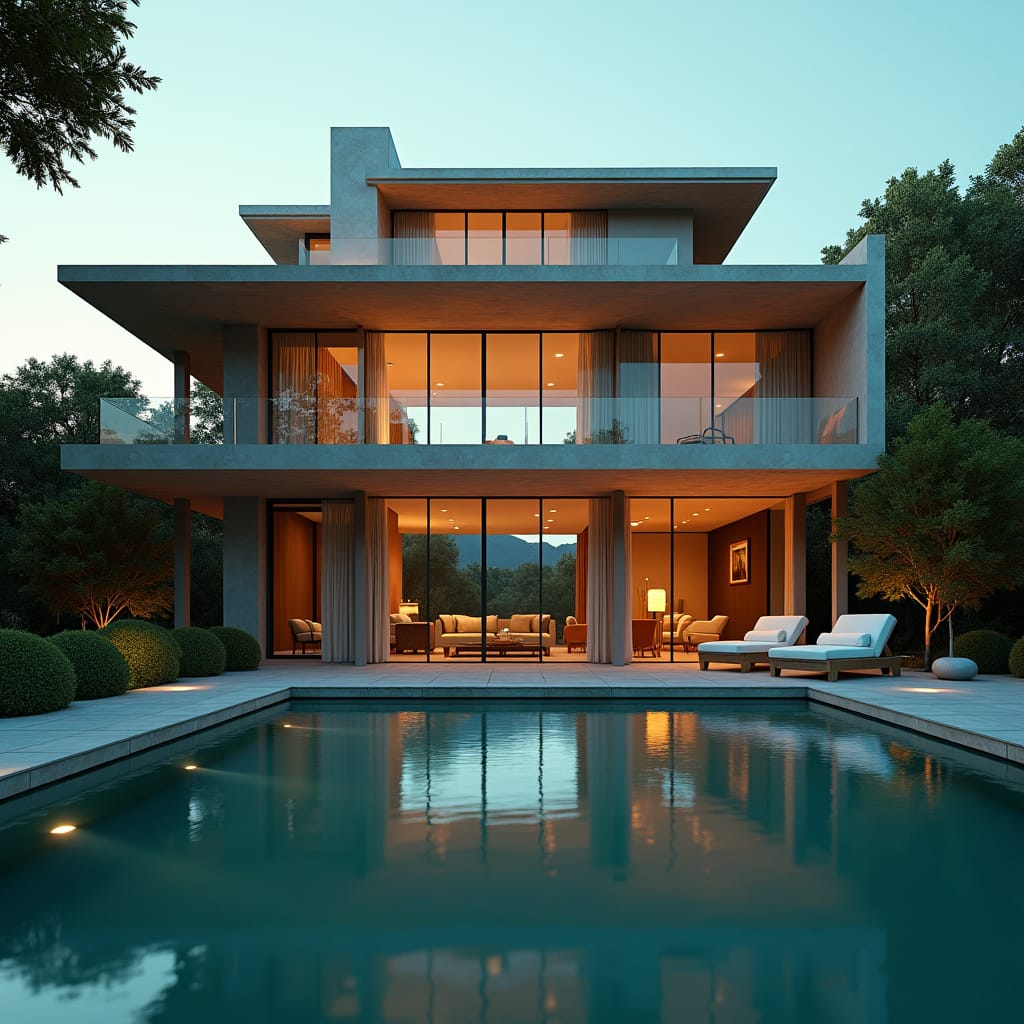 Majestic 6-story modern house with a dramatic Parapet gable roof, elevated on slender columns, with a sparkling swimming pool shimmering beneath the structure, as if floating on water.